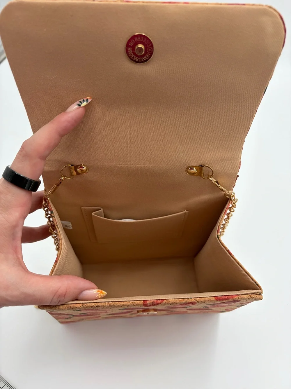 Strawberry Print Cork Crossbody Satchel Gold Ring Handle 3-Way Bag
